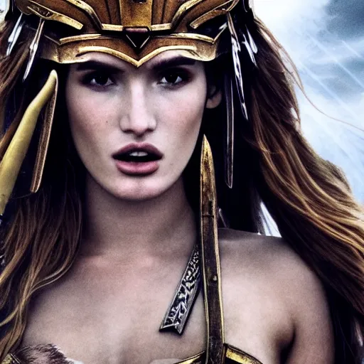 Image similar to bella thorne as the goddess of war in a battlefield, ground mist, cinematic