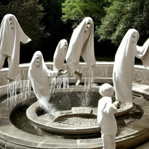 Prompt: the ghosts of the past, present and the future dancing around the fountain of youth and wisdom