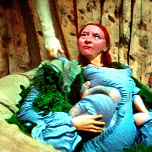 Image similar to surprised woman who has given birth to an inflatable fish, Tarkovsky film, archival footage, technicolor film expired film live-action, 16mm