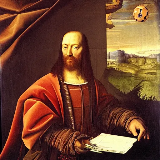 Image similar to Renaissance oil portrait of a man playing warzone on a computer, a soccer ball falling on his head, high-quality realistic oil painting with detailed strokes, robed Renaissance scholar,