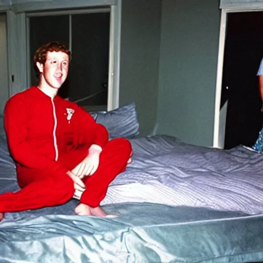 Image similar to mark zuckerberg in a red pajama onesie getting tucked into a racecar bed by his mom circa 1 9 9 3