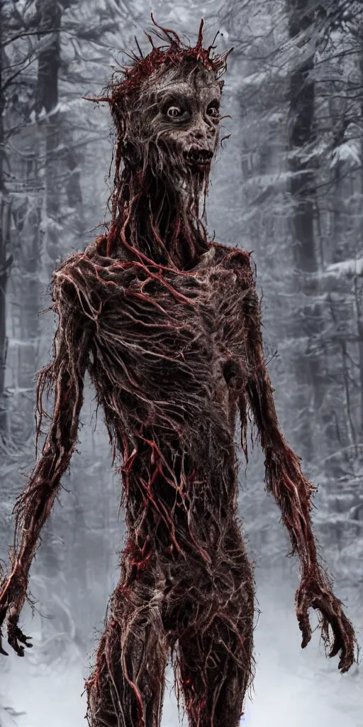 Prompt: photorealistic ultra detailed tall skinny humanoid creature with fur and blood dripping and brain out, the woods, night, extremly detailed, 8 k, realistic, sharp focus, cosmic horror creature, cosmic horror, from the movie the thing