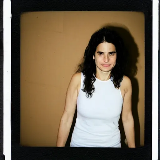 Prompt: Ayelet Shaked sad and hopeful, in a white tank top. Polaroid.
