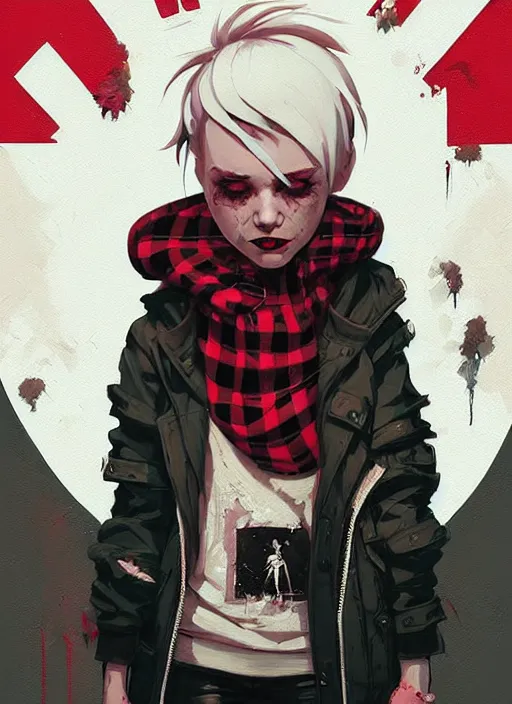 Image similar to highly detailed portrait of a sewer punk canadian lady, tartan hoody, white hair by atey ghailan, by greg rutkowski, by greg tocchini, by james gilleard, by joe fenton, by kaethe butcher, gradient red, brown, blonde cream and white color scheme, grunge aesthetic!!! ( ( graffiti tag wall background ) )