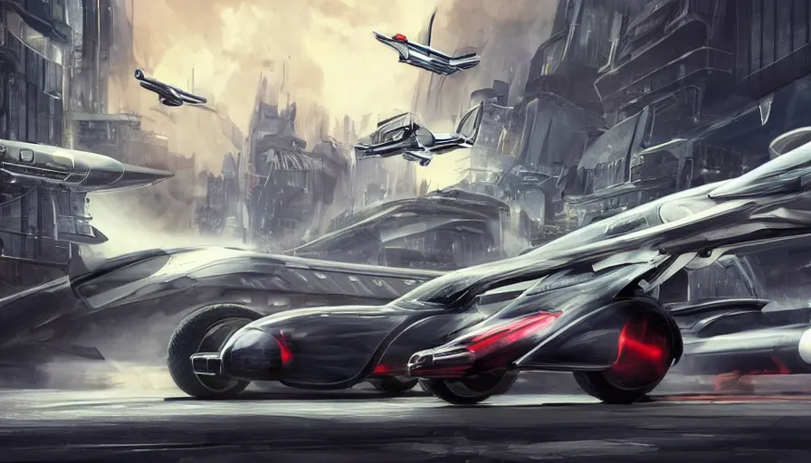 Image similar to Oldtimer Car with Jet Engines for wheels flying through a futuristic city, action shot, concept art, highly detailed