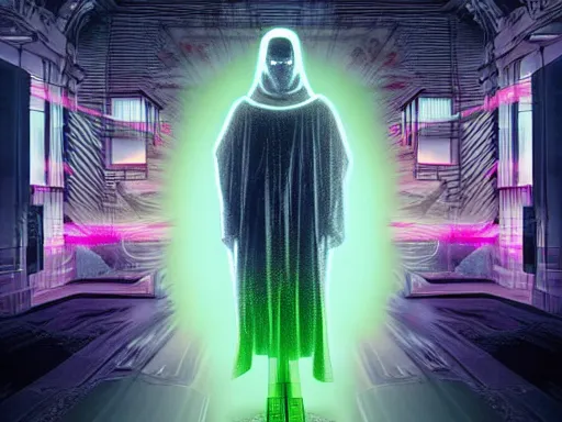 Prompt: a gray faceless figure, ascended, robot wizard, NPC with a saint's halo, saintly halo behind their head made of neon filigree, consulting the cyber oracle of all knowledge, at the end of time, in an esoteric ritual exchange of physical code, muted neon mists obscure the towering arcological ruins of future cities, 8k, 4k, trending on artstation, octane render, abstract painting, bright blue future, in the style of Wayne Barlowe, abstract painting oil on canvas, surreal, cyberpunk, ruins of a vaporwave aesthetic city