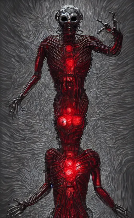 Image similar to full body portrait of chrome terminator, glowing red eyes, by wayne barlow, stanley donwood, anton semenov, zdzislaw bekinski, hr giger, 8 k, fantasy, dark, highly detailed