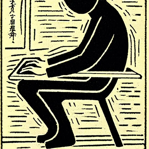 Image similar to portrait of a programmer by makoto yukimura, woodcut