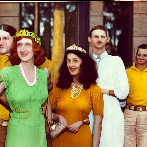 Prompt: an image of a queen with tan skin long rippling cinnamon hair and emerald colored eyes in a medium full shot, vintage historical fantasy 1 9 3 0 s kodachrome slide german and eastern european mix. the queen is pictured attending a barbecue for youth volunteers. she is dressed in a yellow dress paired with green accessories.