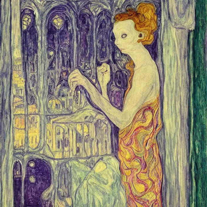 Prompt: woman in transparent vaporous night gown with demonic luminescent white apparition, with city with gothic cathedral seen from a window frame with curtains. nighe, vivid iridescent psychedelic colors, lamps. munch, egon schiele, bosch, bonnard, henri de toulouse - lautrec, utamaro, monet, agnes pelton