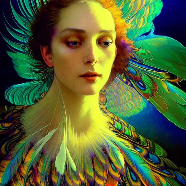 Image similar to face of innocent psychedelic transcendent feather mind bending psychedelic wings of glossy liquid honey flowing like kaleidoscopic translucent holograph, lsd feathers, feathery fluff, enlightenment, high contrast dappled lighting, refracted sunset, highly detailed, concept art, art by collier, albert aublet, krenz cushart, artem demura, alphonse mucha