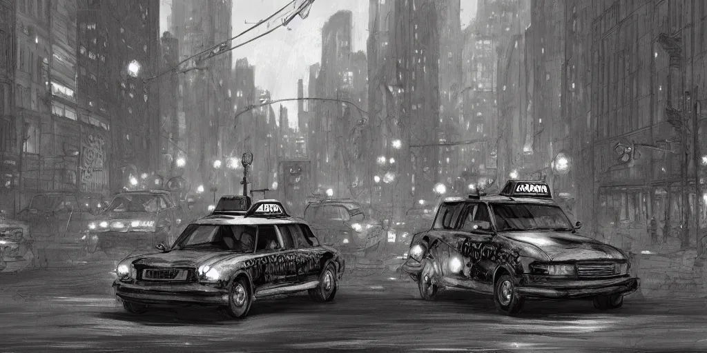 Prompt: cartoonish taxi through the streets of chicago, night time, noir film, character sheet, fine details, concept design, contrast, kim jung gi, greg rutkowski, trending on artstation, 8 k, full body, turnaround, front view, back view, ultra wide angle