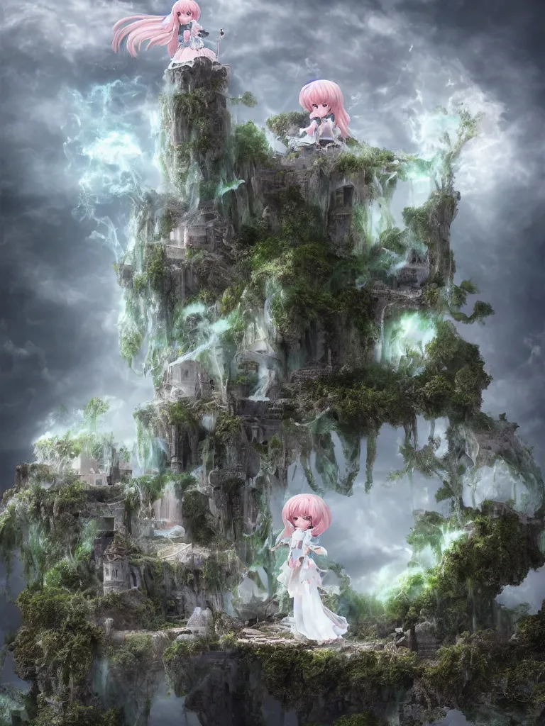 Prompt: cute fumo plush of a princess girl in a tower on a tiny island which she lays sole claim to, selfish empress of the abyss, tempestuous waters and thunderclouds, wisps of volumetric smoke and fog, gothic wraith maiden in tattered white dress, floating island, vignette, vray