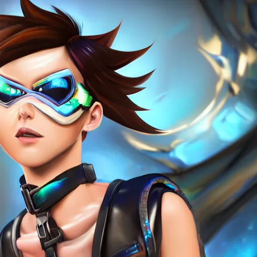 Image similar to full body digital artwork of tracer overwatch, wearing black iridescent rainbow latex tank top, 4 k, expressive happy smug expression, makeup, in style of mark arian, wearing detailed black leather collar, chains, black leather harness, leather cuffs around wrists, detailed face and eyes,