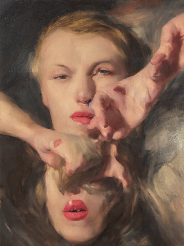 Prompt: plastic lips spinning on the tip of the index finger hand pointing, oil painting, Rubens, subtle and compelling lighting