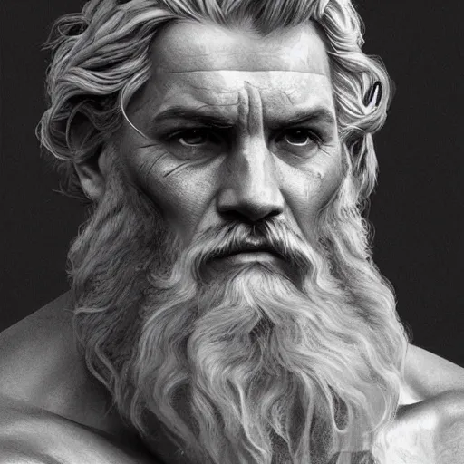 Image similar to portrait of rugged zeus, greek god, salt and pepper hair, soft hair, d & d, muscular, hairy torso, fantasy, intricate, elegant, highly detailed, digital painting, artstation, concept art, smooth, sharp focus, illustration, art by artgerm and greg rutkowski and alphonse mucha