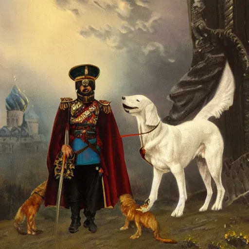 Image similar to Photo of Russian Tsar Nicholas 2 taking dragon from game of thrones on a lead as a dog, photorealism,