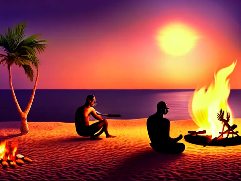 Image similar to gandhi sitting on a beach next to a campfire with palm trees in the back, holding a cigar, sunset, surrounded by animals parrot turtle lizard crab coconuts, glorious lighting, epic environment, highly detailed, digital art, hyper realistic