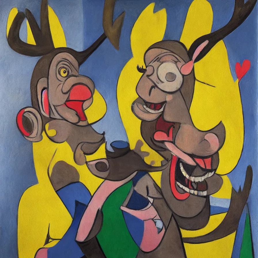 Prompt: hyper realistic portrait painting by picasso, studio lighting, brightly lit yellow room, an ape with antlers laughing with a giant rabbit clown