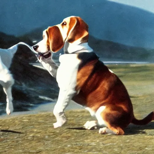 Prompt: photo of gigantic beagle fighting with godzilla