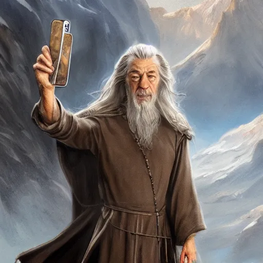 Image similar to Movie still of Saul Goodman as Gandalf holding a phone, fantasy, highly detailed, digital painting, artstation, concept art, sharp focus, illustration, art by Tony Sart and artgerm and randy vargas