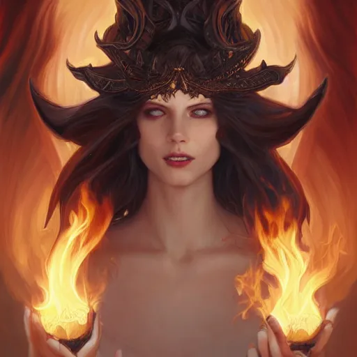 Prompt: a great lucifer, great wings, demon horn with fire on head, long dark hair, intricate, elegant, highly detailed, digital painting, artstation, concept art, smooth, sharp focus, illustration, art by artgerm and greg rutkowski and alphonse mucha