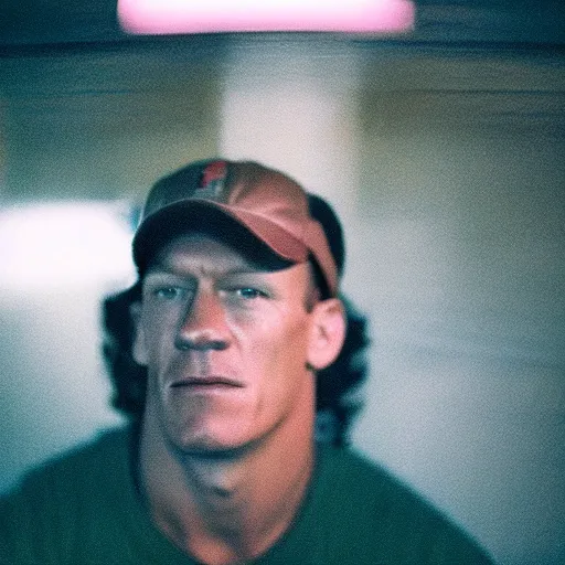 Prompt: A Medium shot of a John Cena face, captured in low light with a soft focus. There is a gentle green hue to the image, and the John cena’s features are lightly blurred. Cinestill 800t