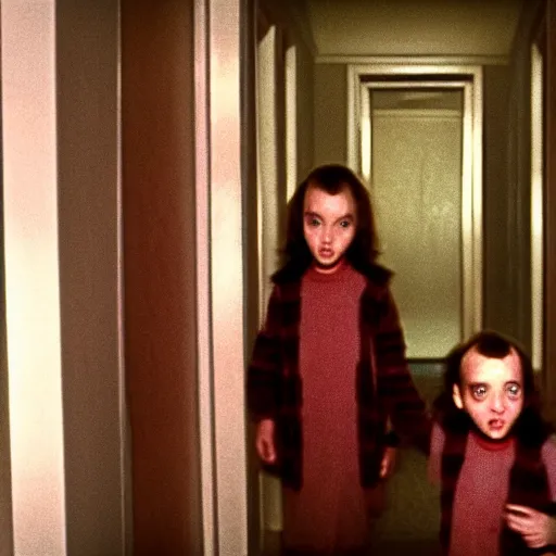 Prompt: the twins from the shining in the hallway waving to danny torrance 4 k photorealism