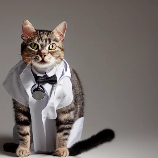 Image similar to cat wearing doctor's attire, studio lighting