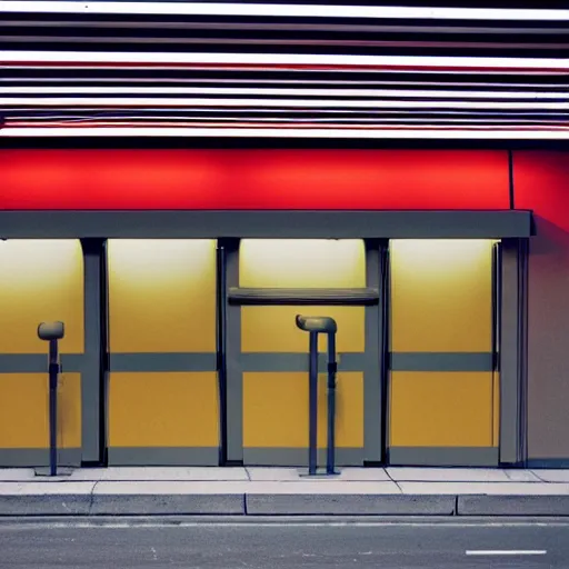 Image similar to noisy color photograph of a retrofuturist liminal empty convenience store with no windows, dark pit, minimalist, cinematic, soft vintage glow