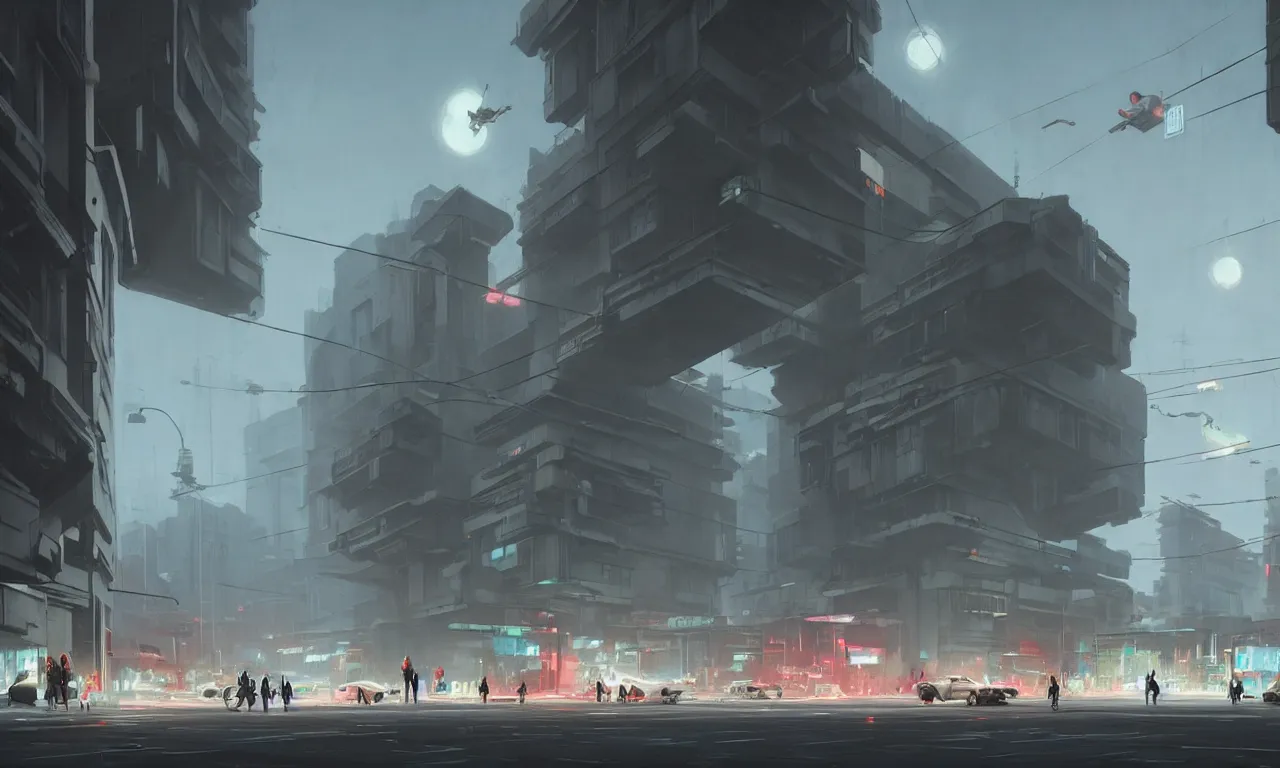 Image similar to simple streetscape, brutalist architecture, white neon lighting, flying vehicles, pedestrians walking, greg rutkowski, syd mead, ralph mcquarrie, concept art, matte painting, highly detailed, rule of thirds, dynamic lighting, cinematic, detailed, denoised, centered