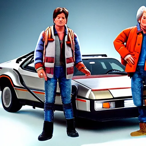 Image similar to Doc and Marty McFly standing in front of their delorian car, in the style of Futurama