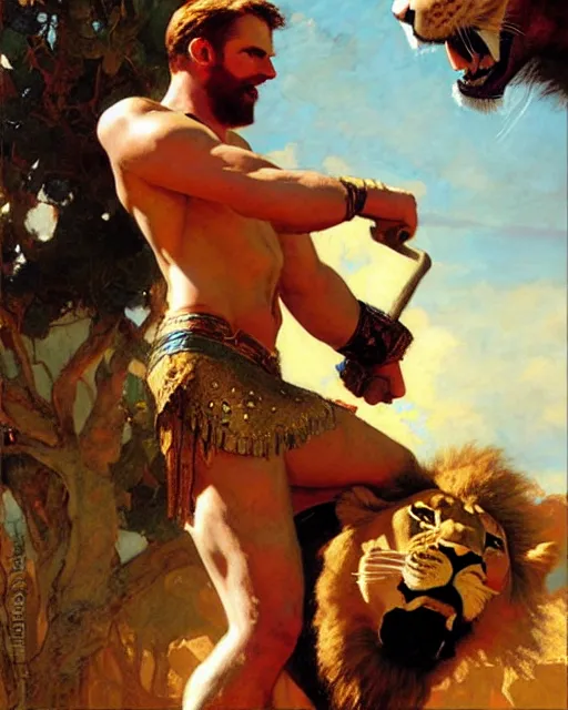 Image similar to handsome gladiator chris evans wrestling a lion, painting by gaston bussiere, craig mullins, j. c. leyendecker