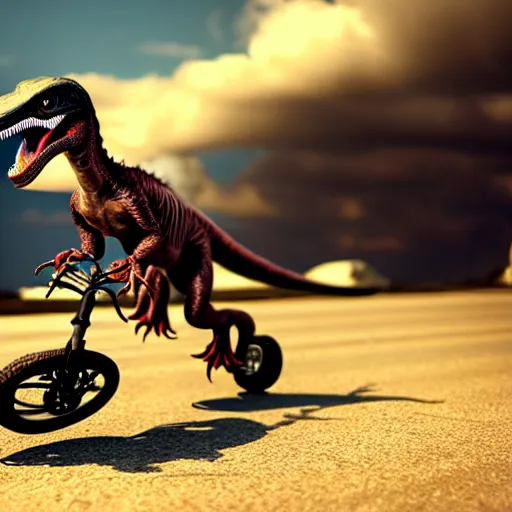 Prompt: a velociraptor riding a motorbike, photorealistic 3 d octane render, unreal engine, make it look like it was made by dall - e 2