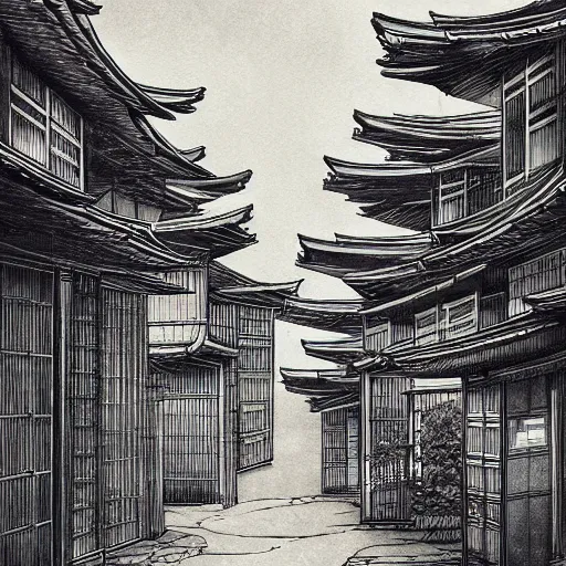 Image similar to a beautiful ink painting of buildings in japanese traditional style, in the style of hiroshi yoshida, at night, light effect, detailed, high - definition, exquisite isolated very detailed, moody lighting, 8 k highly detailed, trending on artstation