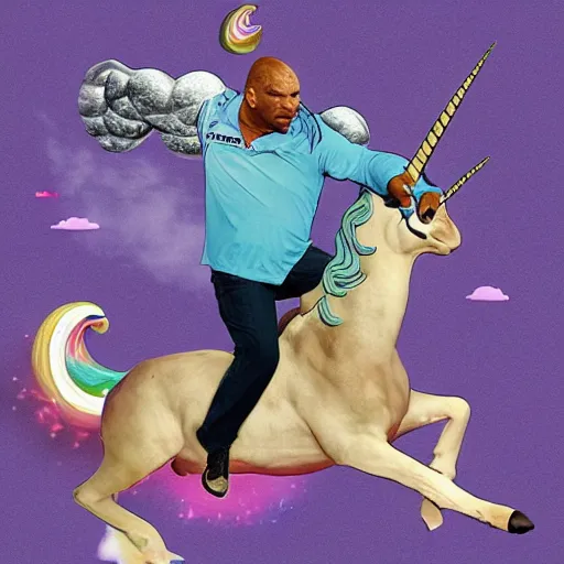 Image similar to mike tyson riding on a unicorn photograph