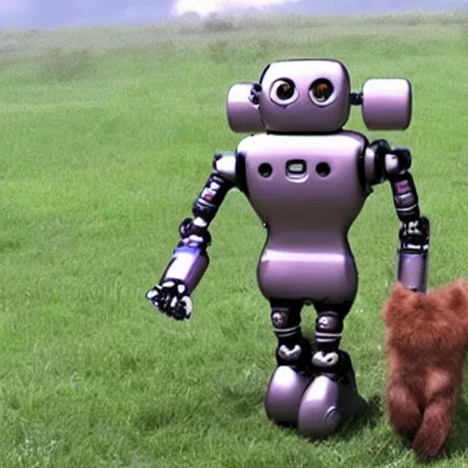 Prompt: cute robot chases bear with stick