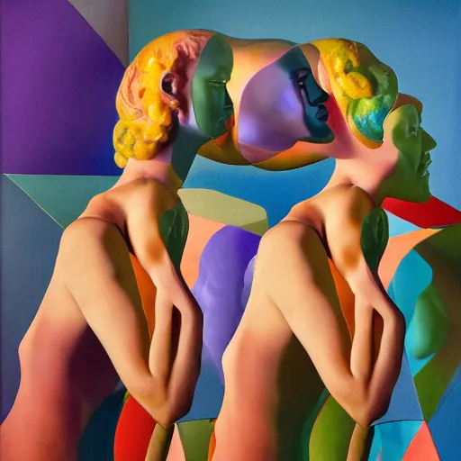 Prompt: !dream Beautiful hyperrealistic colorful Studio photograph of a surrealist Assemblage titled A Sculpture of A Woman With Two Opposing Selves made of Polished Iridescent Granite Portrait Sculptures and Three Toed Sloth and Prismatic Geometric Glass sculpted by Rene Magritte in a Bright Gallery, Bright shocking detail hyperrealistic trending on artstation