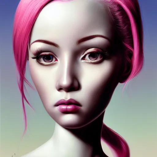 Prompt: a portrait of a beautiful woman with pink hair by mark ryden cgsociety, computer art, circuitry, dystopian art, academic art insanely quality, elegant, highly detailed, digital painting, artstation,, concept art, pop, smooth, sharp focus, illustration, art by mark ryden and 3 d 8 k ultra detailed