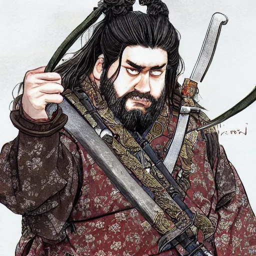 Image similar to detailed portrait of hagrid samurai with swords and steampunk rifles, in snow forest sakura cherry blossom, hakama kimono, trending on artstation elite, elegant, luxury, by krenz cushart, junji ito, takato yamamoto, perfect face, fine details, realistic shaded, fine - face, pretty face