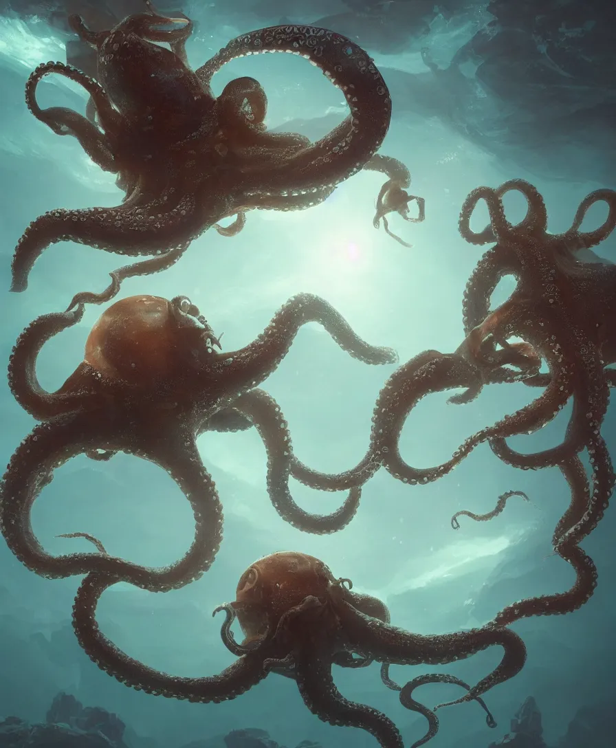 Image similar to giant octopus grabbing a small submarine underwater, illustrated by greg rutkowski, beautiful volumetric lighting style atmosphere, intricate, ultra detailed, photorealistic imagery, trending on artstation, octane render, 8 k