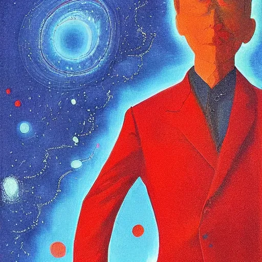 Image similar to A beautiful digital art of a man in a red suit with a blue background. The man's eyes are closed and he has a serene, content look on his face. His arms are crossed in front of him and he appears to be floating in space. The blue background is swirling with geometric shapes and patterns. by Ramon Casas, by Gabriele Münter sinister