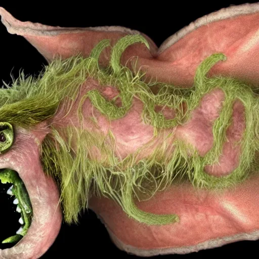 Image similar to a very strange creature made of cronenberg schmutz and drips, mucus, hairy, skin parts, fuzzy disgusting teeth, saliva nasty