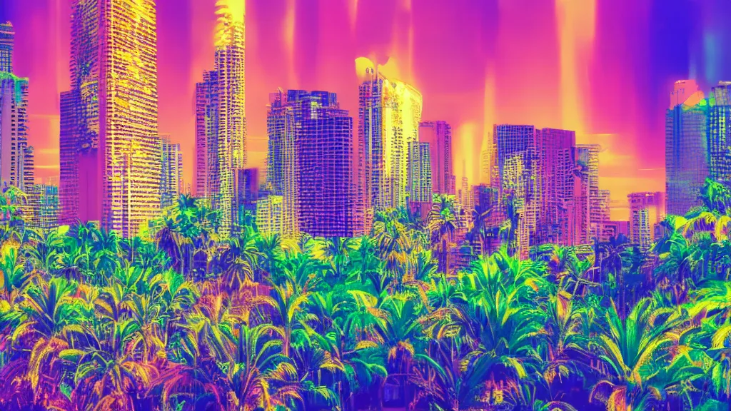 Image similar to golden city in a vaporwave jungle, 4k, ultra realistic, colorful, award winning photograph