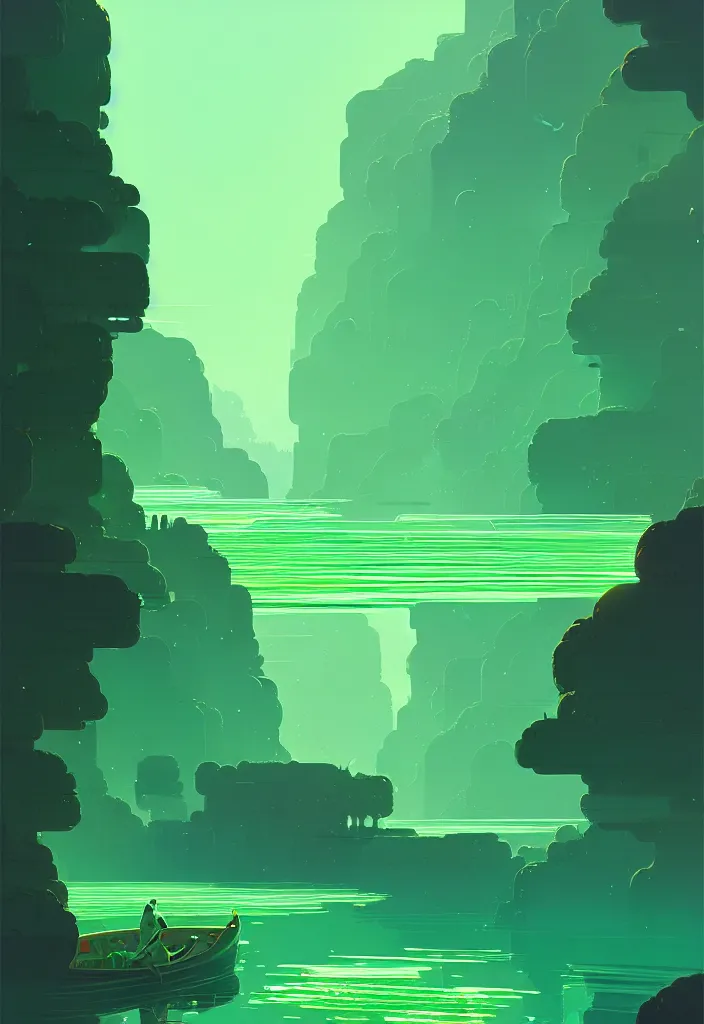 Image similar to by moebius and atey ghailan | a bright green river with clear crystal boats moving up and down it |