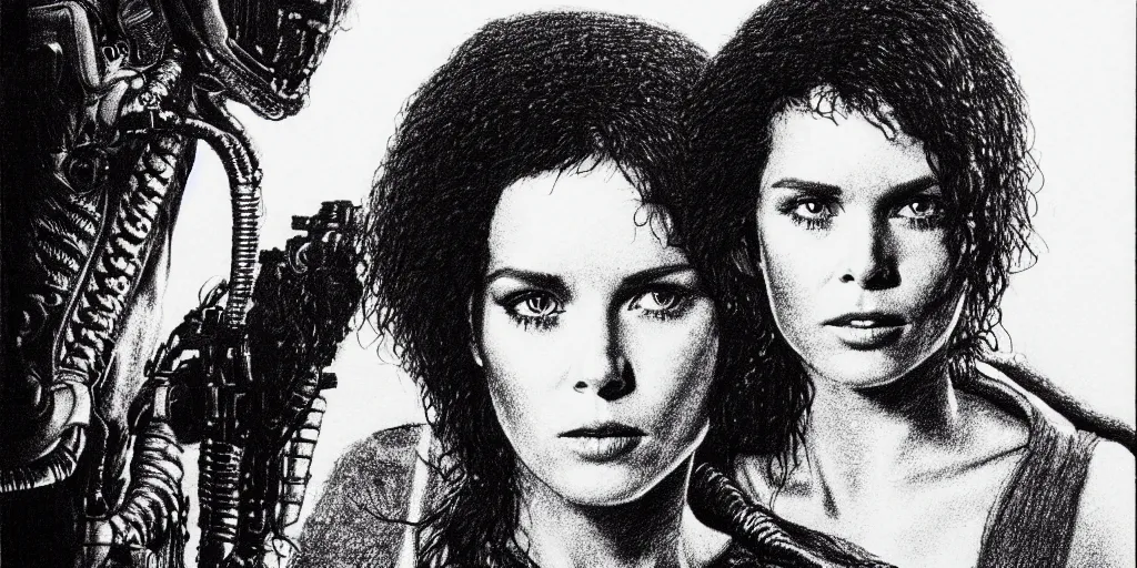 Image similar to a stipple drawing of ripley from the movie alien, looking into the camera