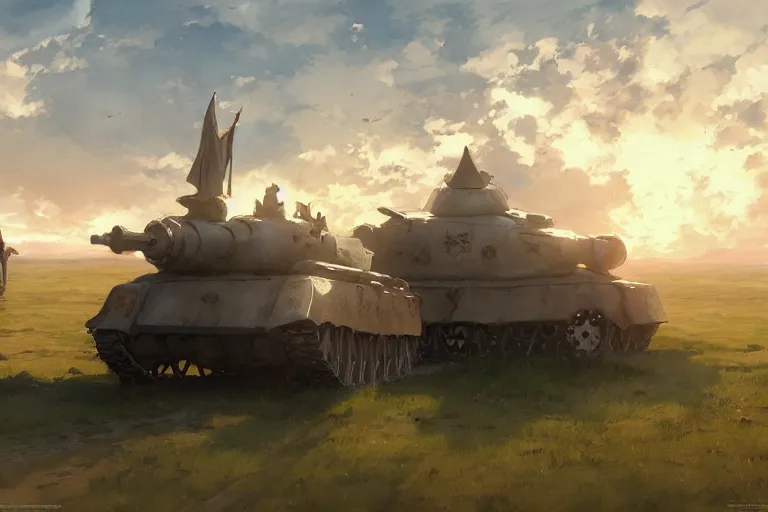 Image similar to concept art of a huge church mounted on a tank aka churchtank in an open field, key visual, ambient lighting, highly detailed, digital painting, artstation, concept art, sharp focus, by makoto shinkai and akihiko yoshida and greg manchess