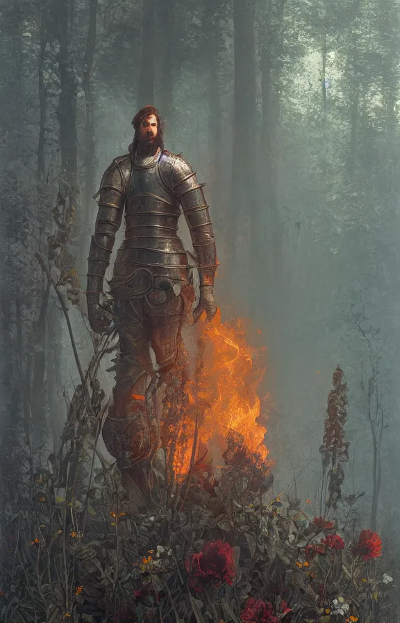 Image similar to portrait of a knight among flowers in dark forest, surrounded by fire and smoke, moody, rim light, dynamic lighting, cinematic shot, gritty, ultra - detail, renderman, physically based render, jean delville, gustave dore and marco mazzoni