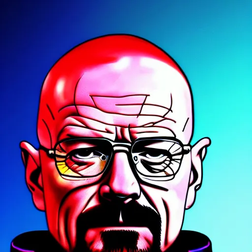 Image similar to Walter White portrait high quality photograph 4k Breaking Bad Bryan Cranston Walter White, retrofuturistic cyberpunk robot Walter White metallic Heisenberg colorful neon lights