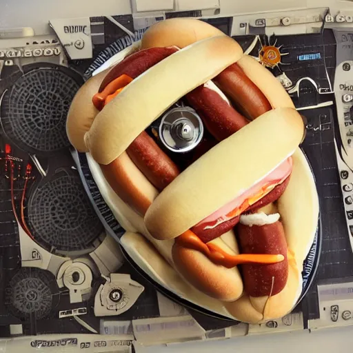 Image similar to a millennium falcon made of atom sized hot dog flying in a see of sad people dream